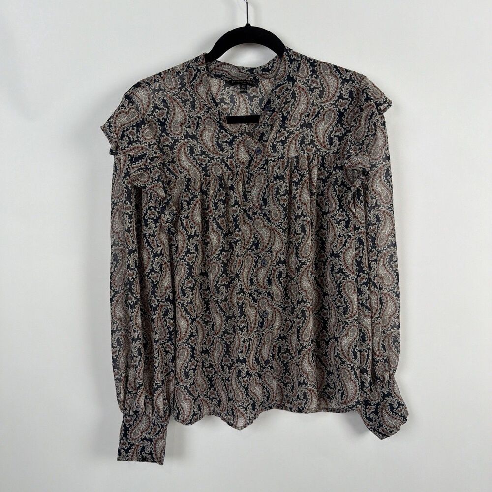 Banana Republic Ruffle Blouse XL Sheer Paisley Bishop Sleeve Dark Academia Poet - Picture 1 of 9
